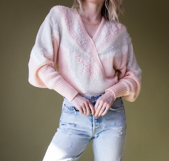 Vintage 80s pink nubby knit boucle beaded puff sle