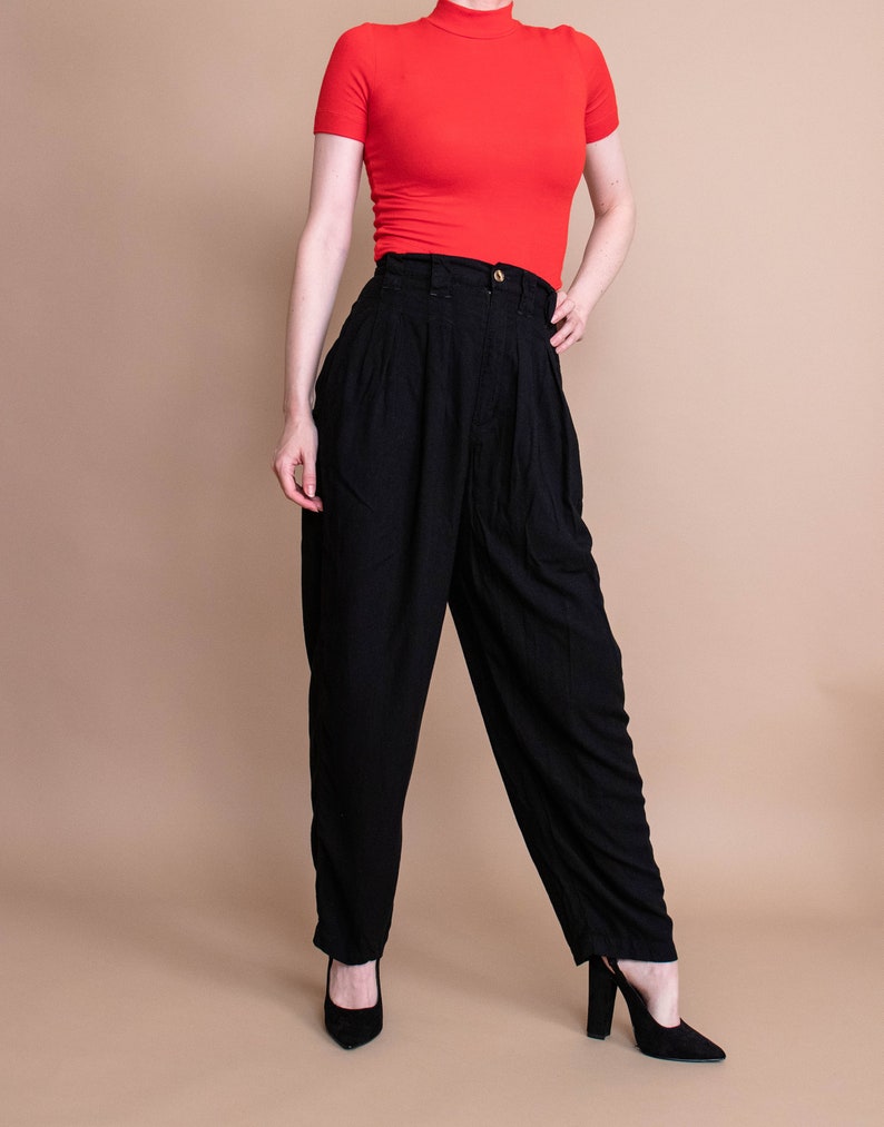 Vintage 80s black minimal high waist draped modern trouser pants 26 inch waist