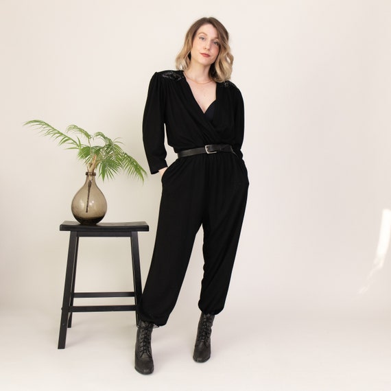 Vintage 80s black sequin avant utility jumpsuit