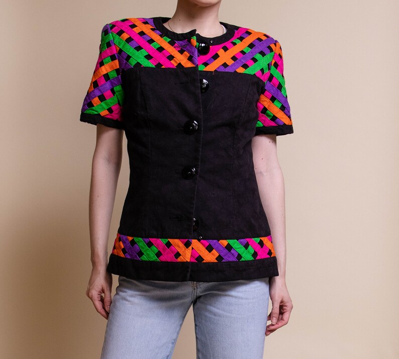 Vintage 80s neon pastel short sleeve criss cross blazer jacket