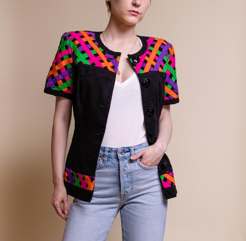 Vintage 80s neon pastel short sleeve criss cross blazer jacket