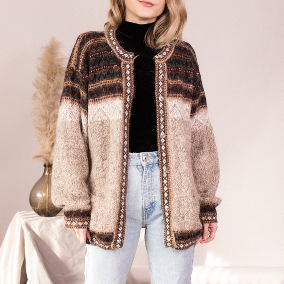 Vintage fair isle muted brown beige knit cardigan