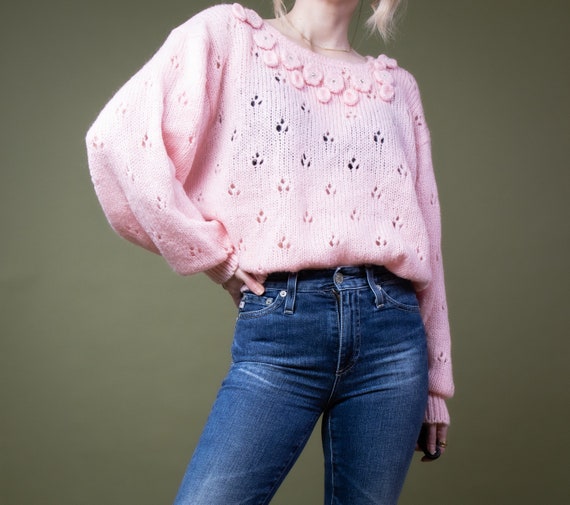 Vintage 80s pink acrylic knit puff sleeve 3d flora