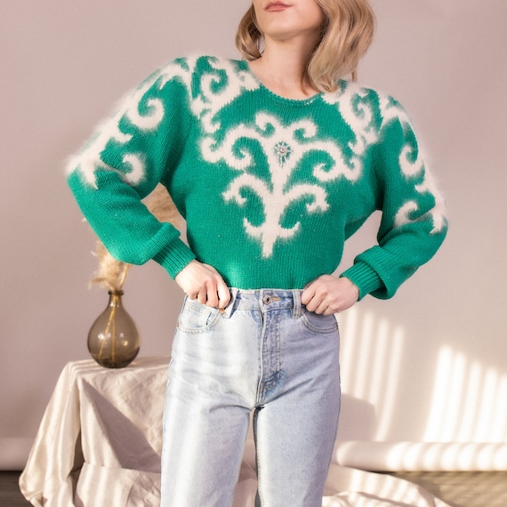 Vintage 80s green angora knit baroque jeweled puff