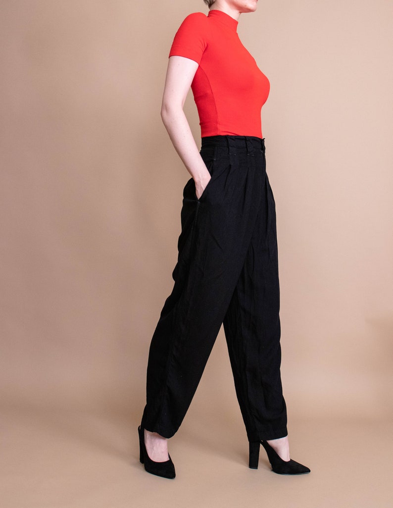 Vintage 80s black minimal high waist draped modern trouser pants 26 inch waist