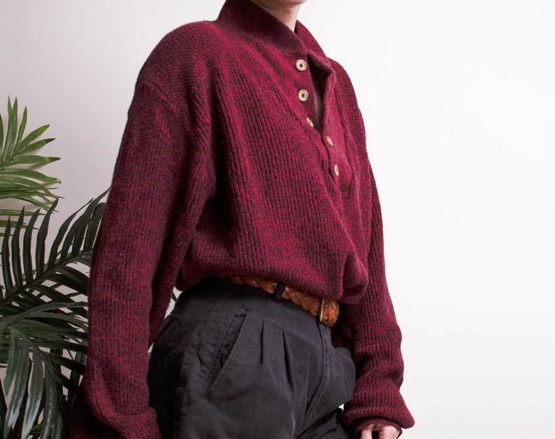 Vintage 90s LL Bean maroon menswear henley minimal sweater