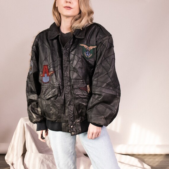 Vintage 80s patchwork leather aviator bomber jacke