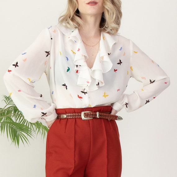 Vintage 70s butterfly print ruffle drape blouse