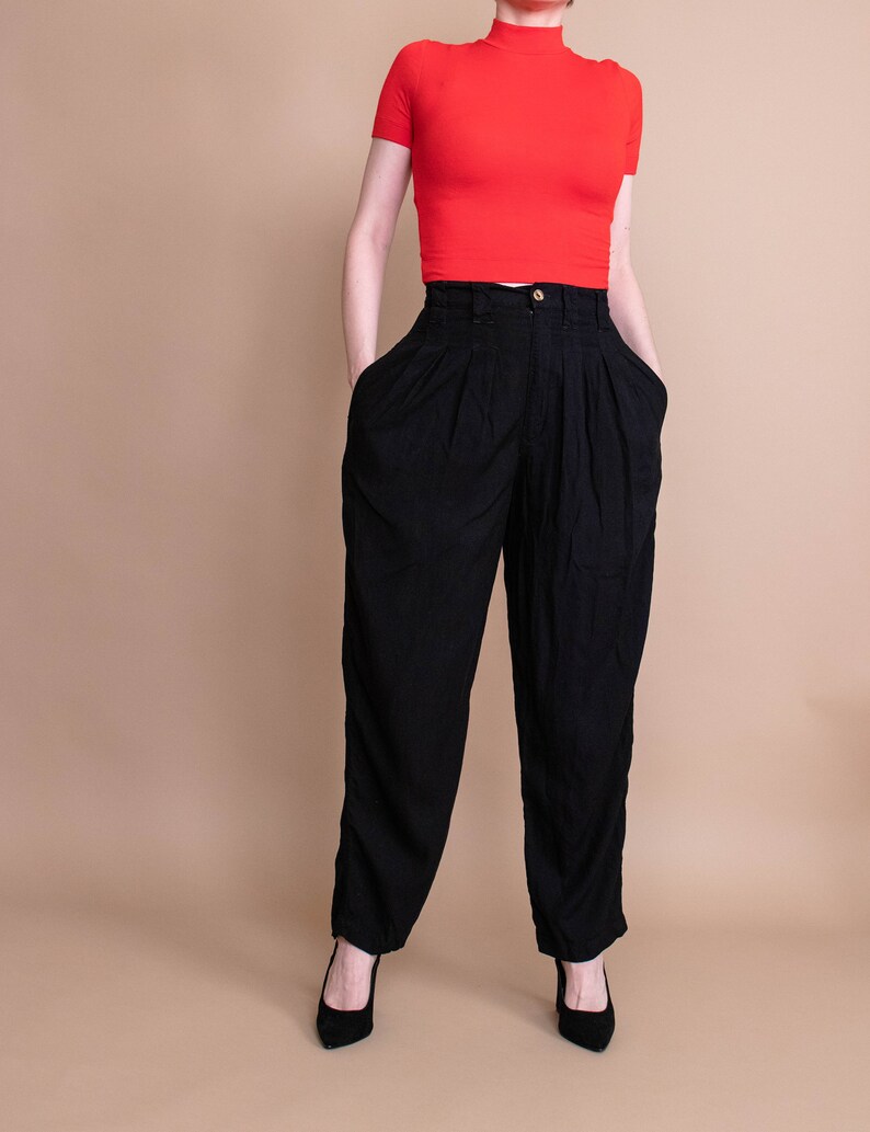 Vintage 80s black minimal high waist draped modern trouser pants 26 inch waist