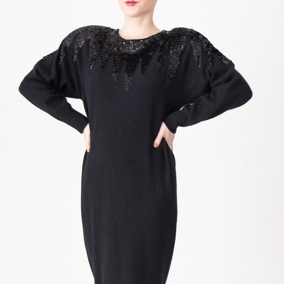 Vintage 80s black sequin angora batwing dress