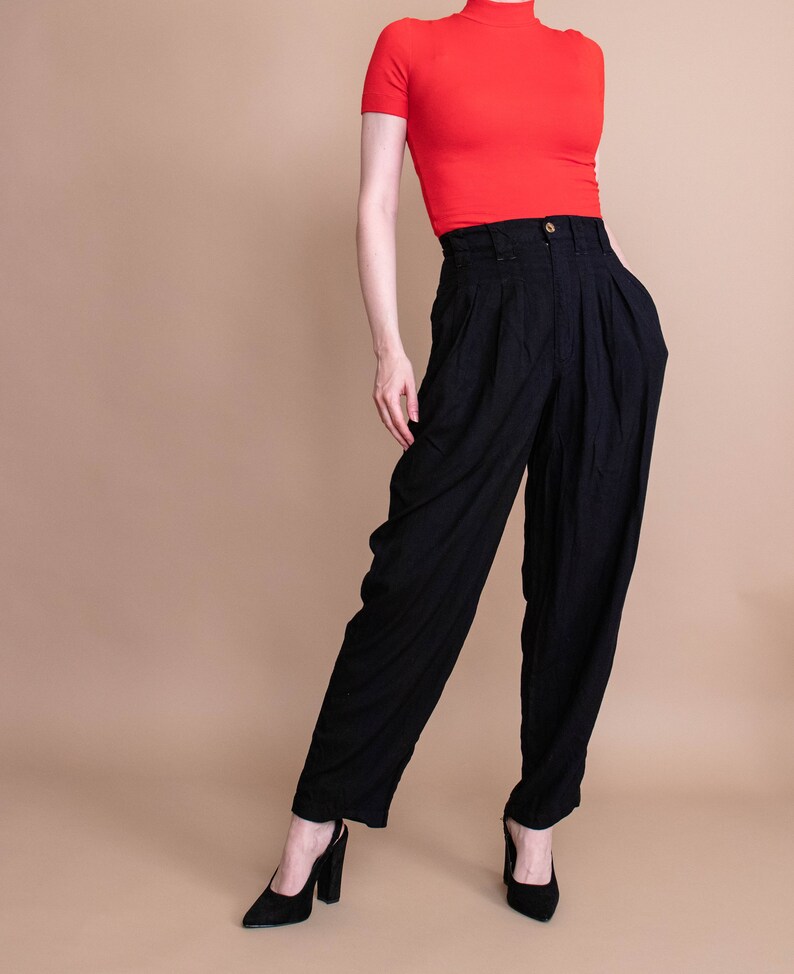 Vintage 80s black minimal high waist draped modern trouser pants 26 inch waist