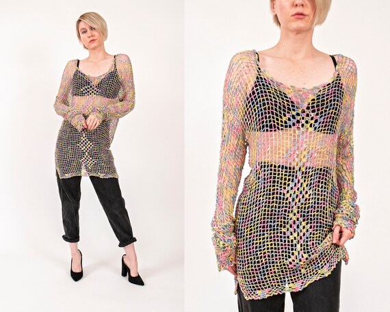 Vintage 90s 2000s Y2K fishnet draped rainbow croch