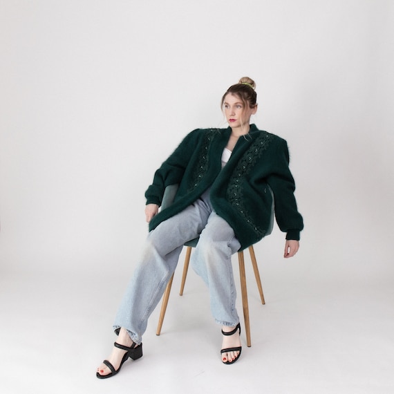 Vintage green angora floral embroidered cardigan