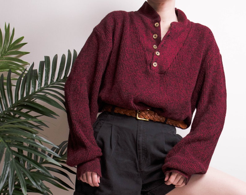 Vintage 90s LL Bean maroon menswear henley minimal sweater