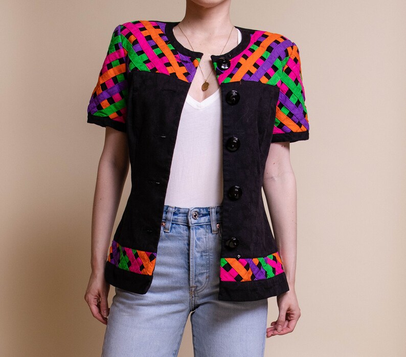 Vintage 80s neon pastel short sleeve criss cross blazer jacket