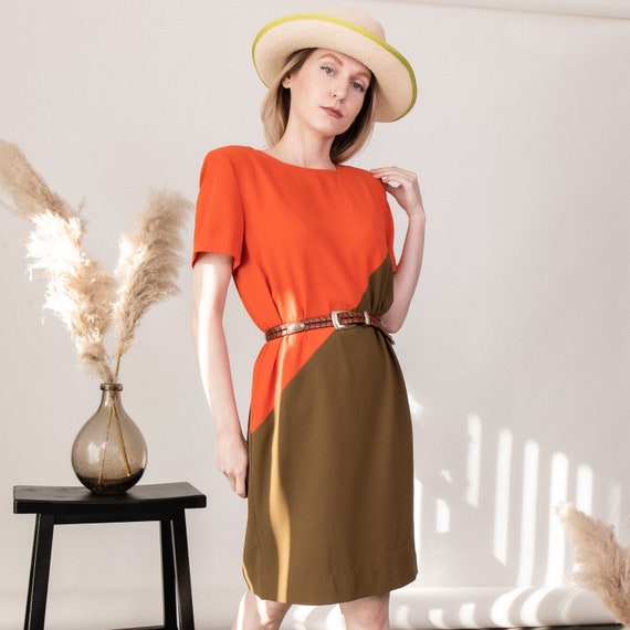 Vintage 90s color block orange boxy sack dress