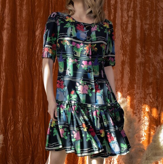 Vintage 80s UNGARO watercolor floral pleated mini