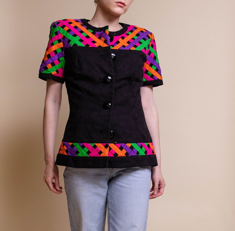 Vintage 80s neon pastel short sleeve criss cross blazer jacket