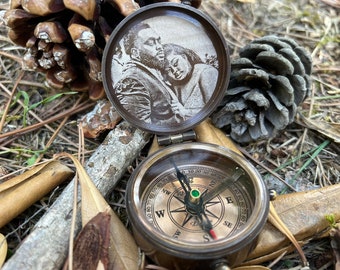 Working Compass with Photo Engraving, Personalized Compass Gift for Men, Engraved Handmade Compass Gift for Son, Anniversary Gift for Him