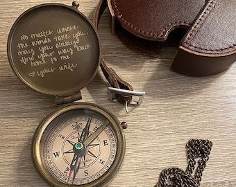 Personalized Engraved Working Compass with Custom Handwriting, Gift for Men Anniversary, Gifts for Dad Birthday