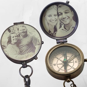 Custom Photo Engraved Compass: Antique Vintage Brass Sundial Style, Nautical Finish, Pocket Size, Working