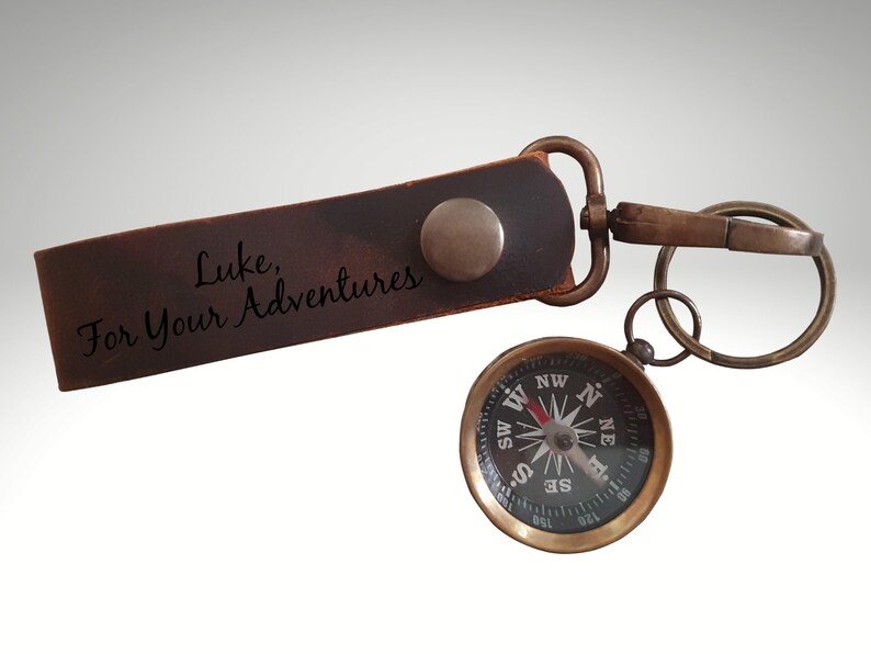 Personalized Leather Compass Keychain Engraved Compass Etsy