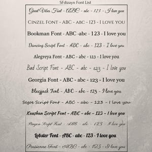 SFdizayn font list showing multiple engraving font options with sample text for each style including script, serif, and decorative fonts