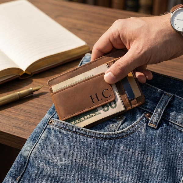 Slim Front Pocket Wallet for Men – Minimalist Leather Money Clip Wallet – Card Holder Mens Wallet, Everyday Carry Gift for Him