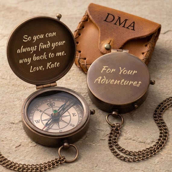 Personalized Engraved Compass Gift for Him – Custom Brass Pocket Compass – Antique Working Compass