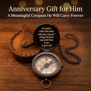 Engraved compass gift with personalized message inside and monogrammed leather pouch, antique brass pocket compass with chain