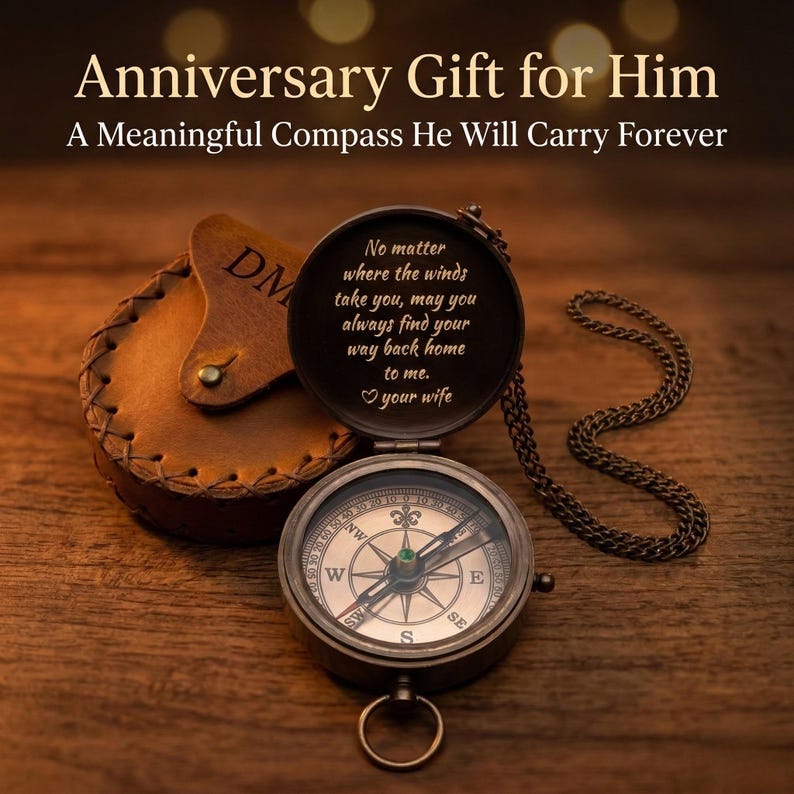 Engraved compass gift with personalized message inside and monogrammed leather pouch, antique brass pocket compass with chain