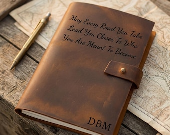 Personalized Leather Travel Journal – Custom Engraved Notebook – Refillable Leather Journal for Writing and Travel