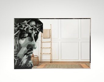 Rechthoekige decoratieve wandgemonteerde hangende spiegel met Jezus Sihouette, rechthoekige huiswanddecoratiespiegel (31,50'' x 20,67'')