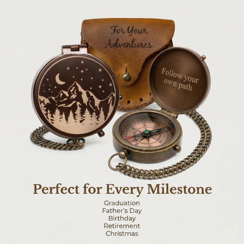Handcrafted engraved brass working compass with antique vintage finish. A meaningful and timeless gift for Father’s Day, anniversary, Valentine’s Day, birthday, or graduation for husband, dad, boyfriend and son. Customize with a photo, logo, message, initials, date, monogram, or handwriting. Comes with optional leather pouch and wooden gift box. A cherished keepsake for men.