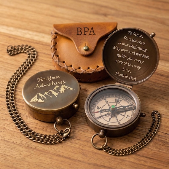 Engraved Brass Pocket Compass – Personalized Antique Working Compass – Vintage Custom Compass Gift for Men