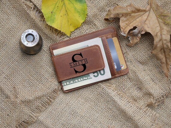 Mens leather money clip 2024 credit card holder