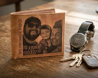 Personalized Leather Wallet for Men – Custom Mens Leather Wallet Engraved with Photo, Name, Initials – Anniversary Gift