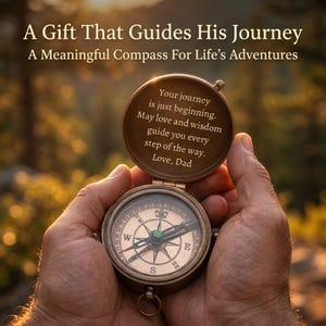 Custom engraved compass with initial and name on cover, personalized antique brass pocket compass gift for him