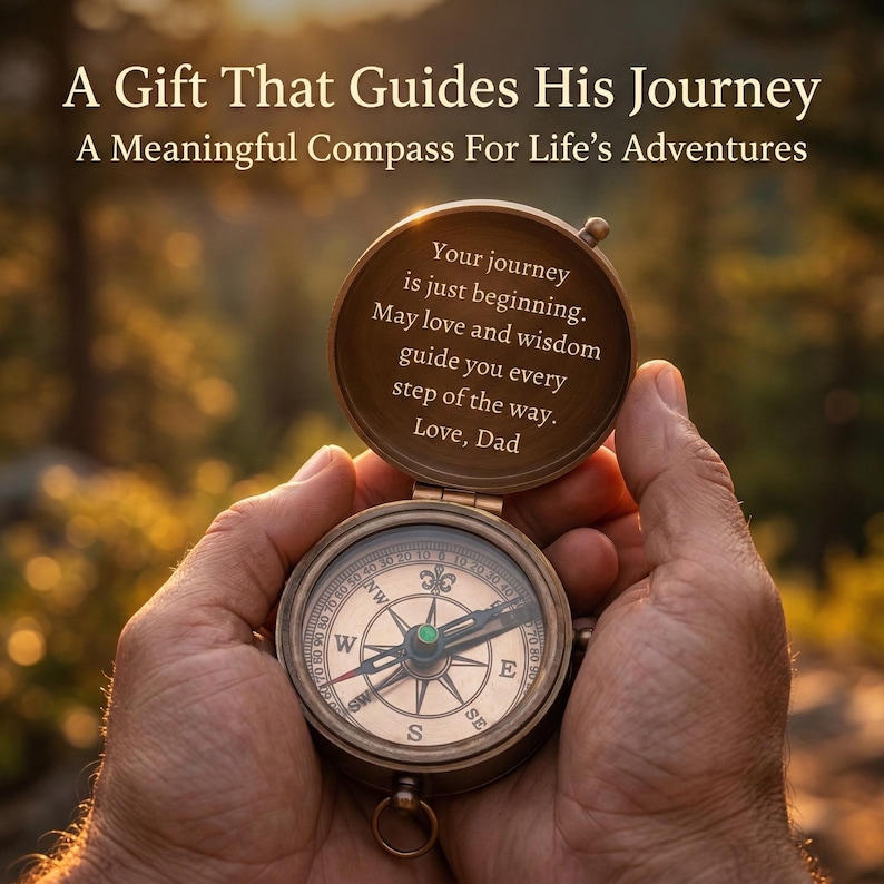 Custom engraved compass with initial and name on cover, personalized antique brass pocket compass gift for him