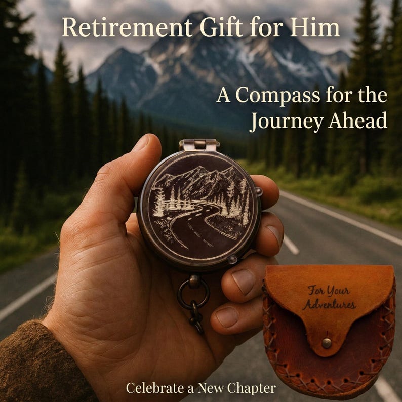 Custom engraved compass with initial and name on cover, personalized antique brass pocket compass gift for him
