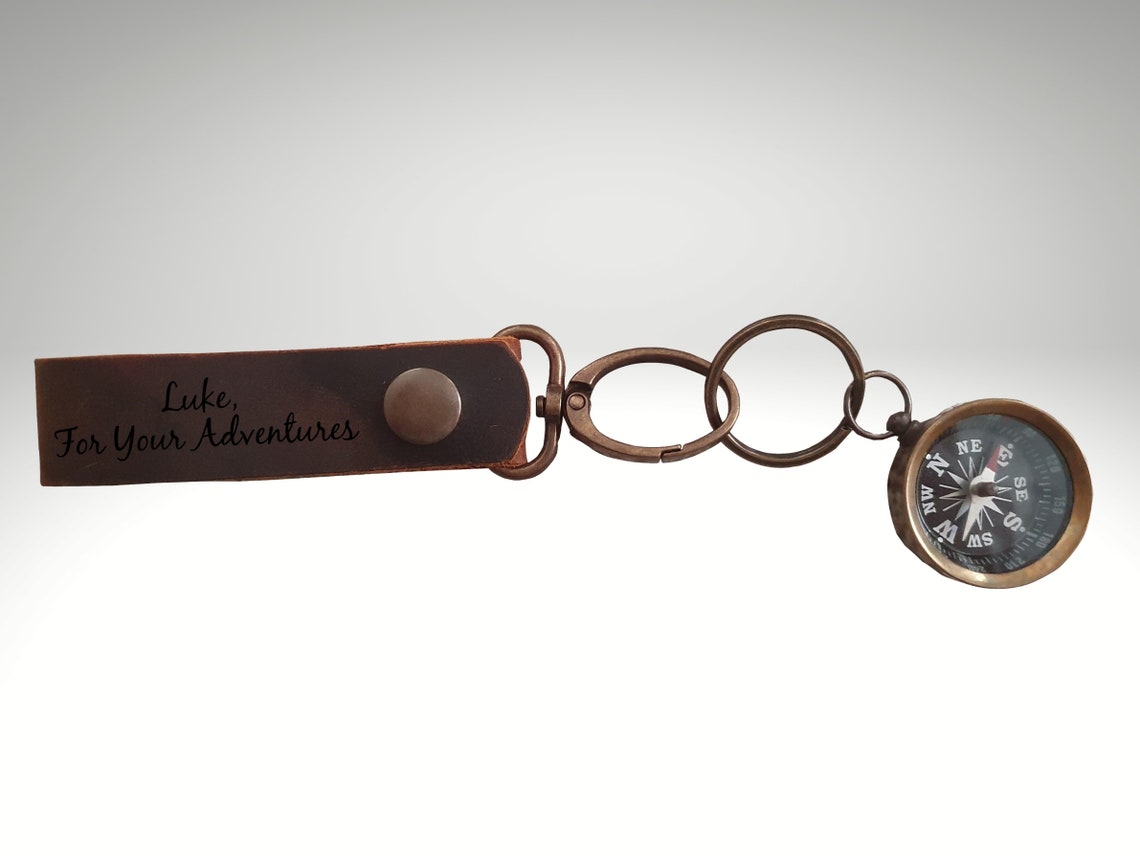 Personalized Leather Compass Keychain Engraved Compass Etsy