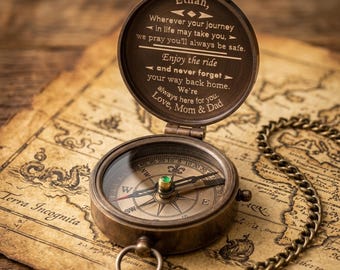 Engraved Compass Gift for Son or Grandson – Graduation Gifts for Him – Personalized Brass Pocket Compass – Custom Antique Keepsake