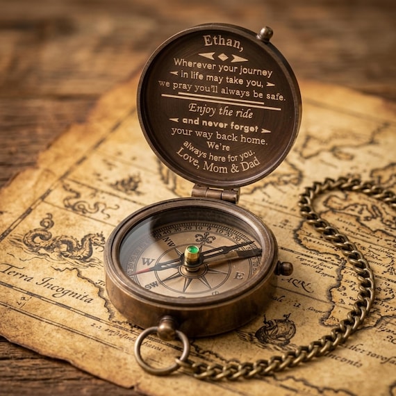 Engraved Compass Gift for Son or Grandson – Graduation Gifts for Him – Personalized Brass Pocket Compass – Custom Antique Keepsake