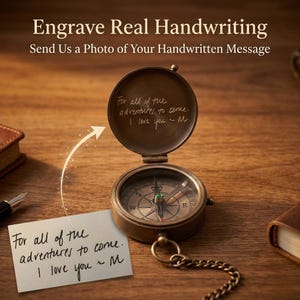 Custom handwriting engraving on personalized brass pocket compass, engraved compass gift with handwritten message