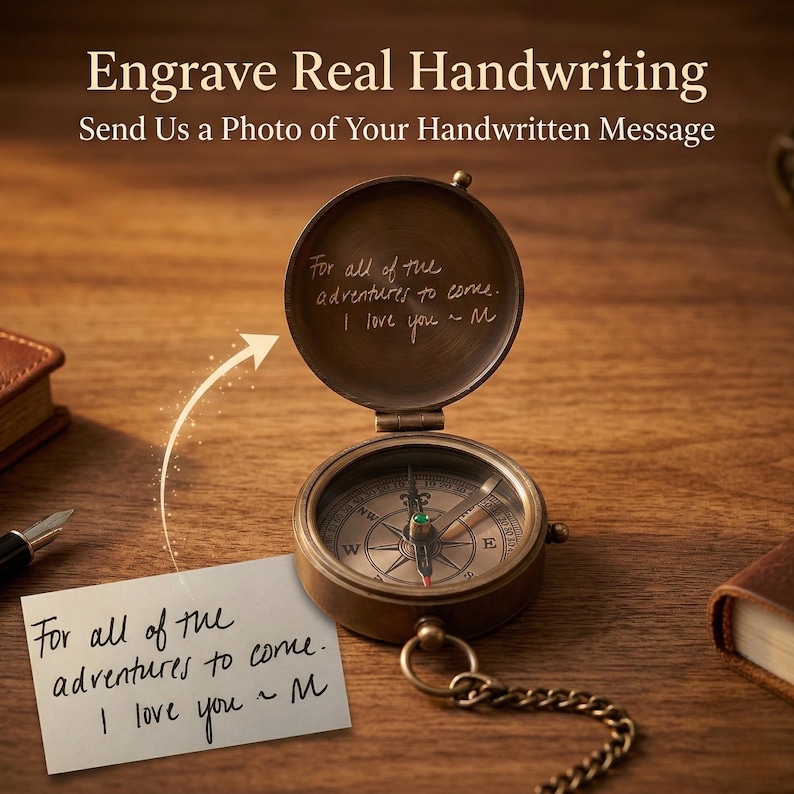 Custom handwriting engraving on personalized brass pocket compass, engraved compass gift with handwritten message