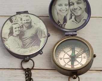 Engraved Compass Gift – Personalized Photo Compass – Brass Pocket Compass – Custom Photo Gift Keepsake