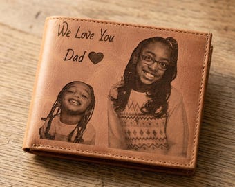 Personalized Leather Wallet for Men – Custom Mens Leather Wallet with Photo Engraving – Gift for Dad