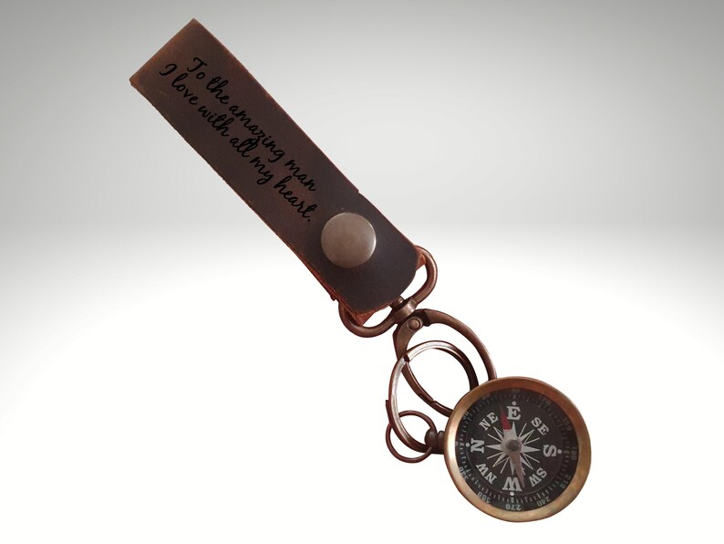 Personalized Leather Compass Keychain Engraved Compass Etsy