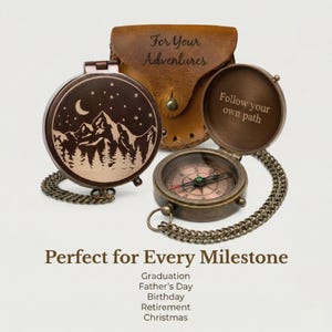 Engraved brass pocket compass with mountain design and leather pouch, vintage compass gift for adventures