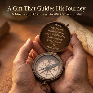 Custom engraved compass with inspirational quote, perfect for graduation gift